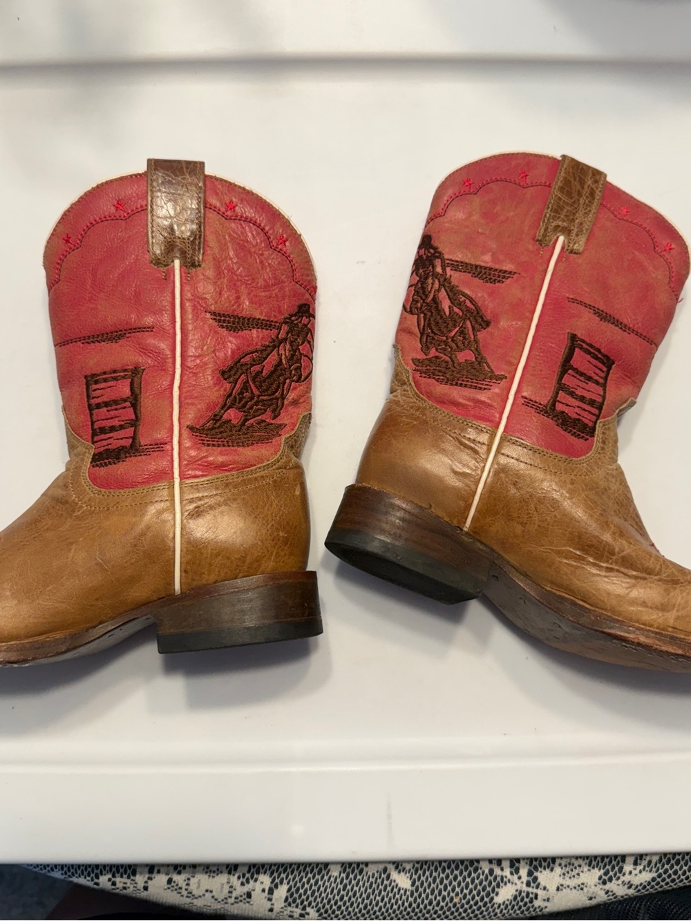Roper Youth Rodeo Barrel Racer Tan and Pink Leather Cowboy Boots Girls Size 6 - Picture 2 of 12